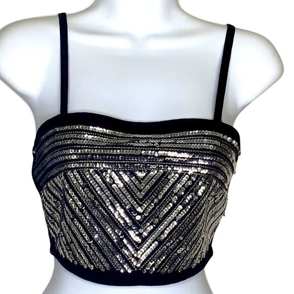 Black Rave Crop Top with Silver Sequined Spaghetti Straps XS Sexy - Picture 3 of 10